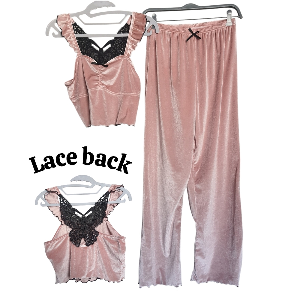 Womens Pink Velvety Pajama Set Butterfly Knit Back Black Size M Pj's